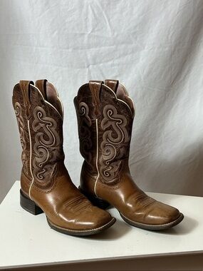 Ariat Brown Leather Western Boots with Pink Embroidered Interior